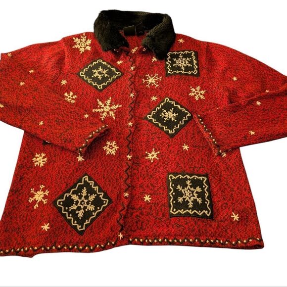 Erika Sweaters - Erika vintage women's red white & black snowflake holiday‎ cardigan sweater 90s